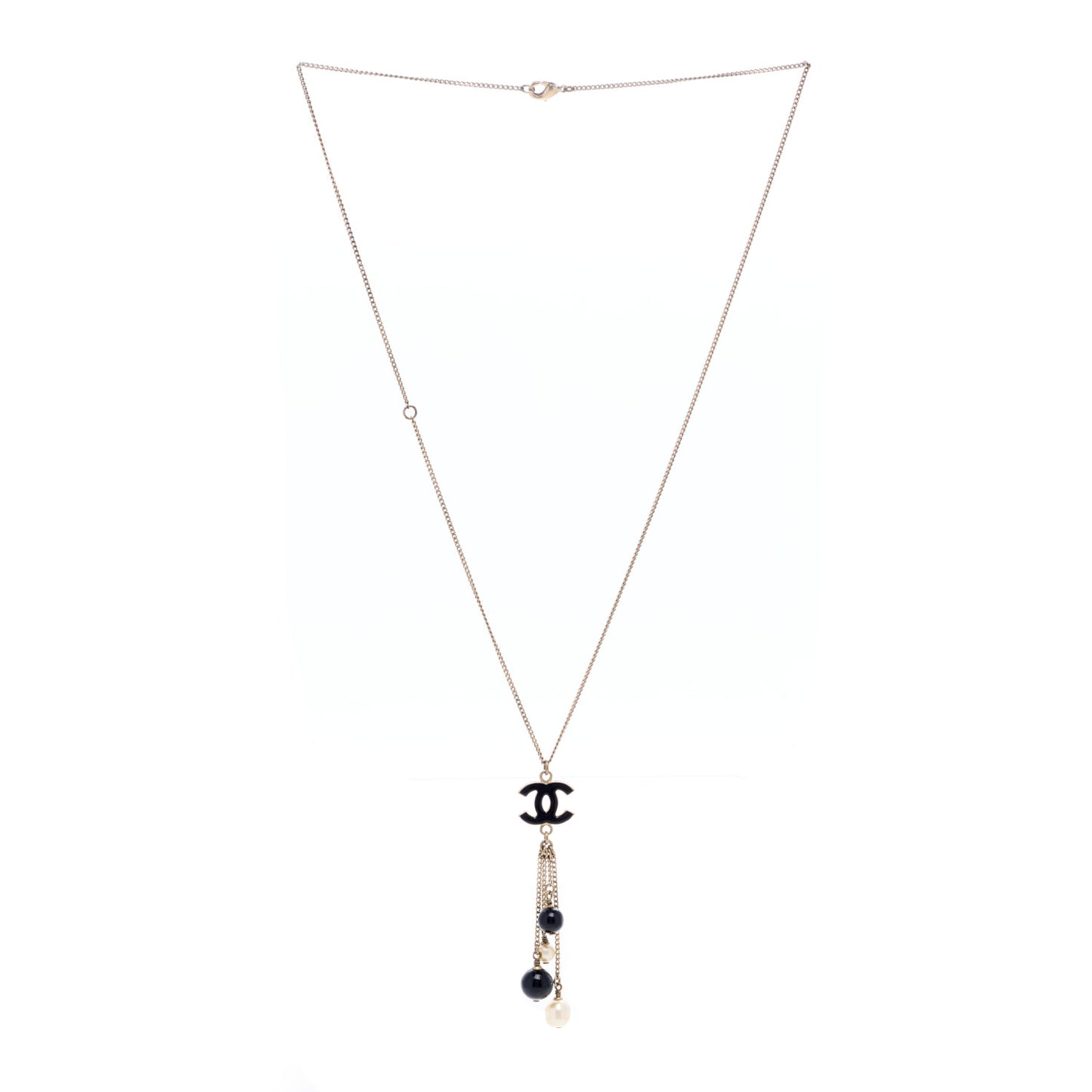 Enamel Bead Pearl CC Drop Necklace Black Gold
