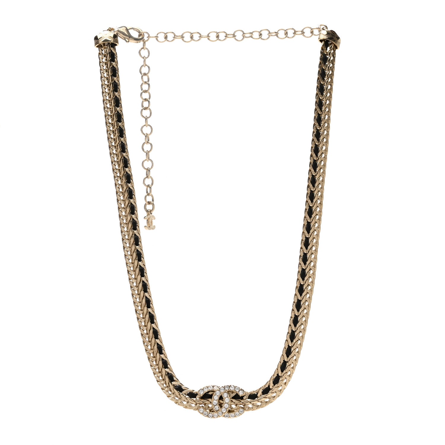 Chanel Metal Lambskin Crystal Chain CC Necklace Black Gold 3 of 4