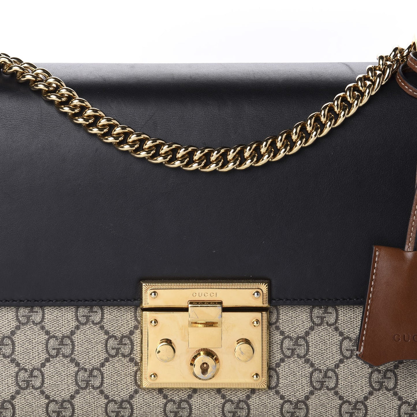 GG Supreme Monogram Calfskin Medium Padlock Shoulder Bag Beige Black Cuir