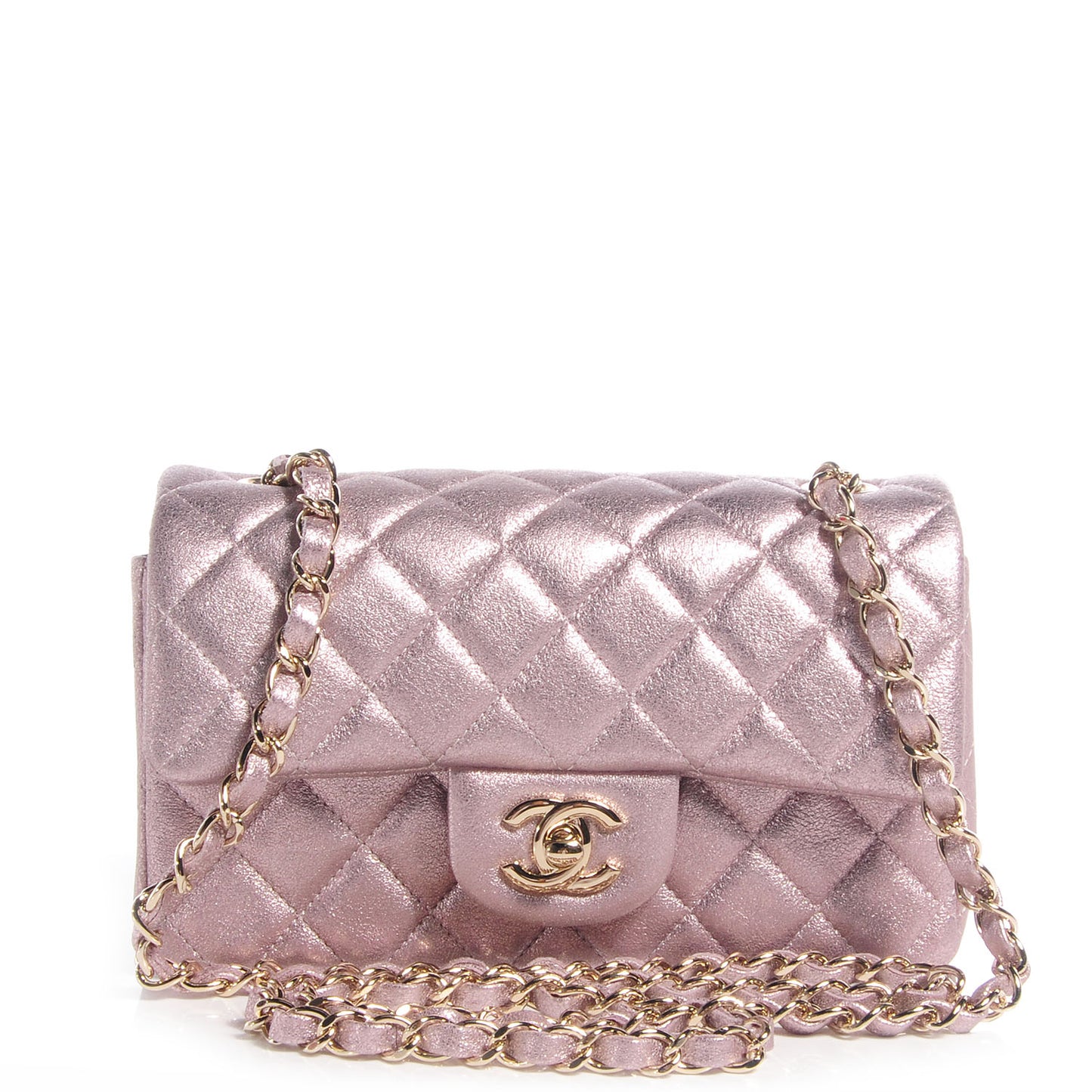 Metallic Goatskin Quilted Mini Flap Pink