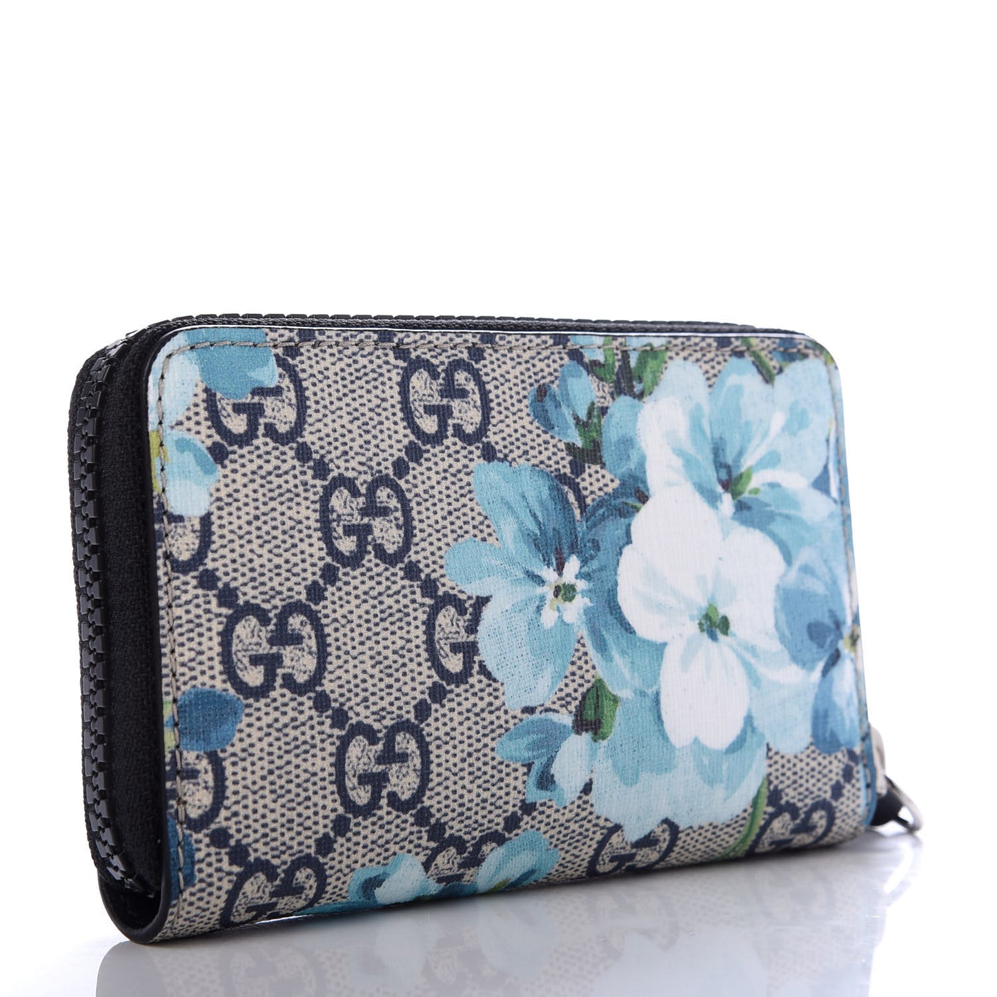 GG Supreme Monogram Blooms Zip Around Card Case Wallet Beige Blue Navy