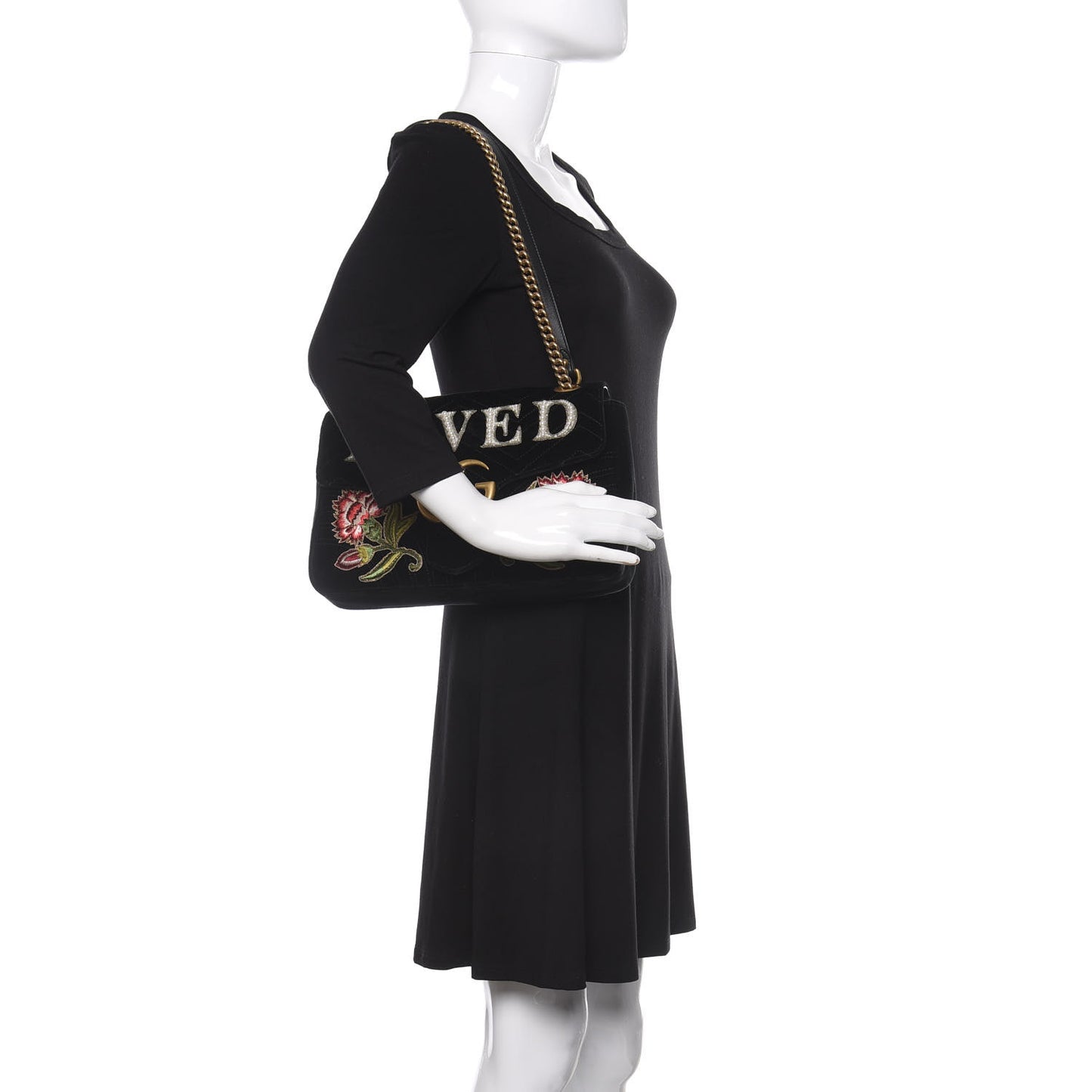 Velvet Matelasse Loved Embroidered Medium GG Marmont Shoulder Bag Black