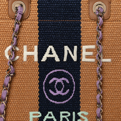 Chanel Straw Raffia Calfskin Striped Medium Deauville Tote Dark Beige Fuchsia Navy Blue 8 of 12