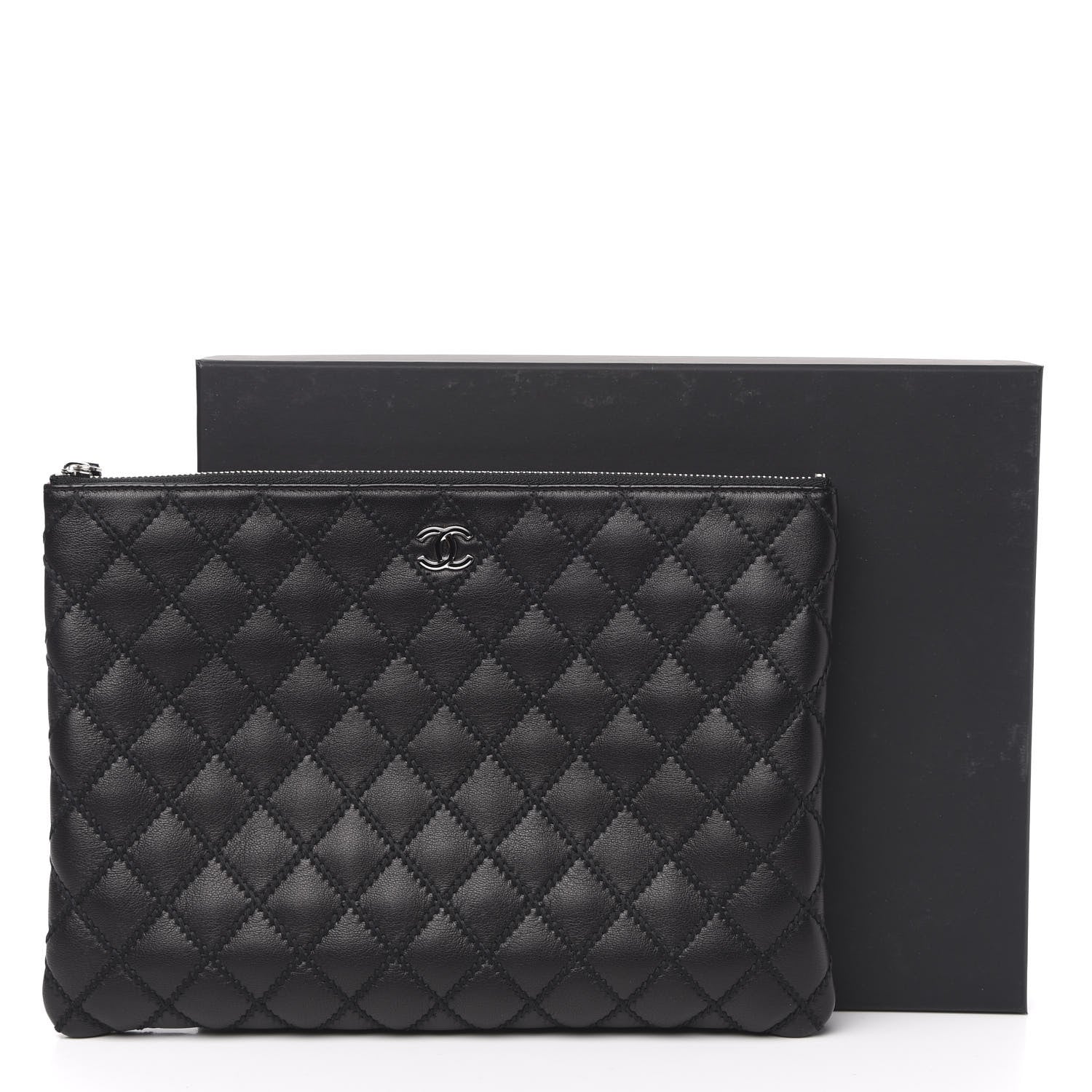 Chanel Sheepskin Stitched Lacquered CC Medium Cosmetic Case Black 11 of 11