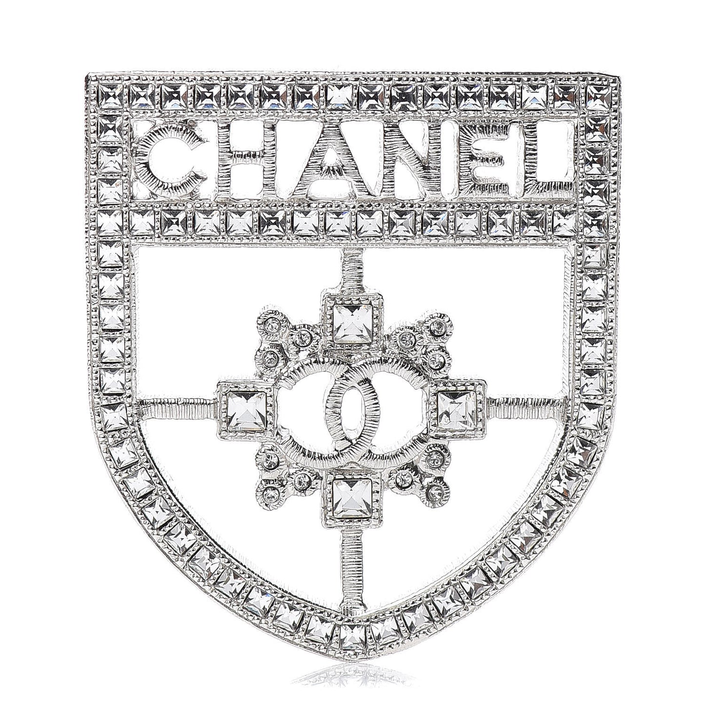 Swarovski Baguette Crystal CC Shield Brooch Silver