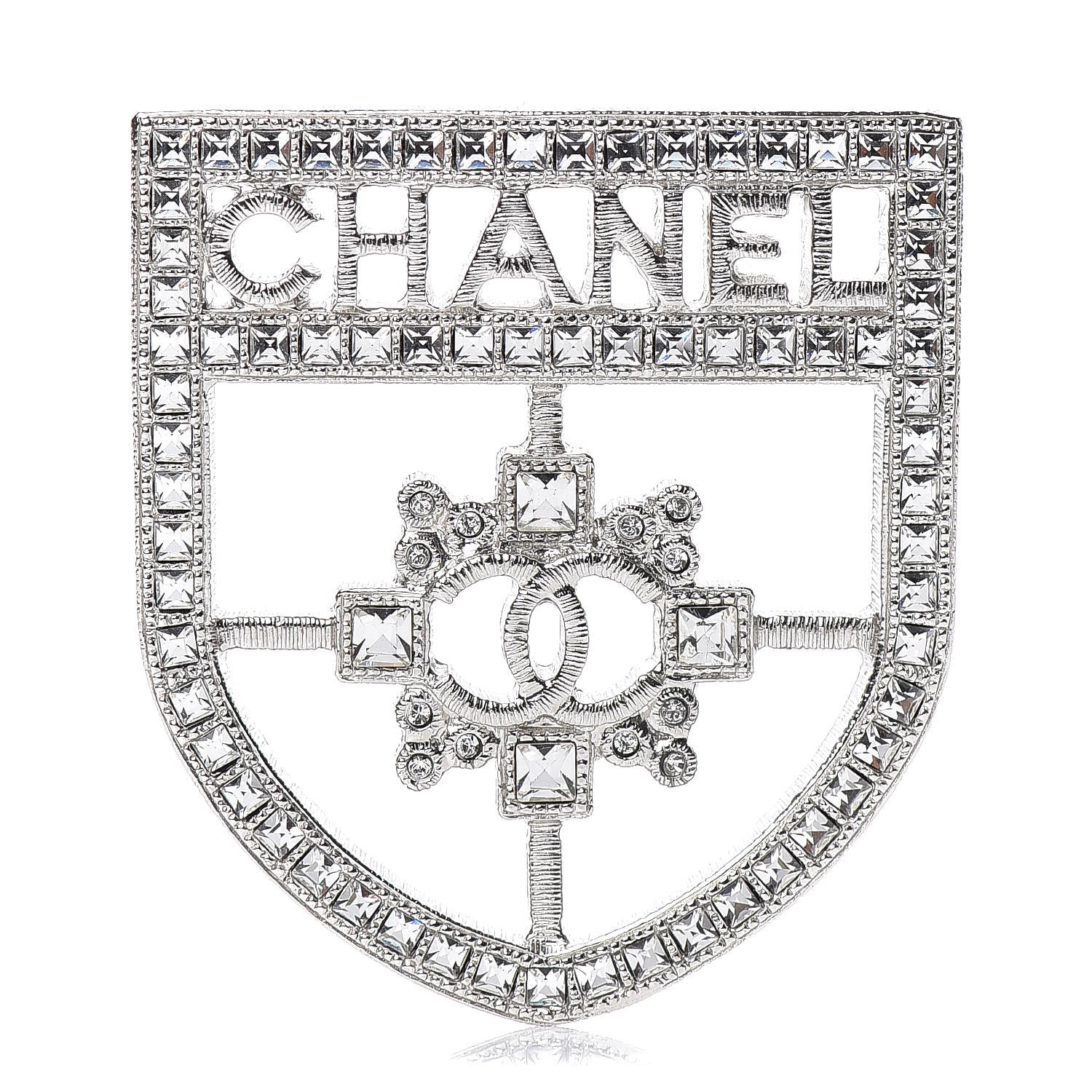Chanel Swarovski Baguette Crystal CC Shield Brooch Silver 1 of 5
