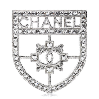 Chanel Swarovski Baguette Crystal CC Shield Brooch Silver 1 of 5