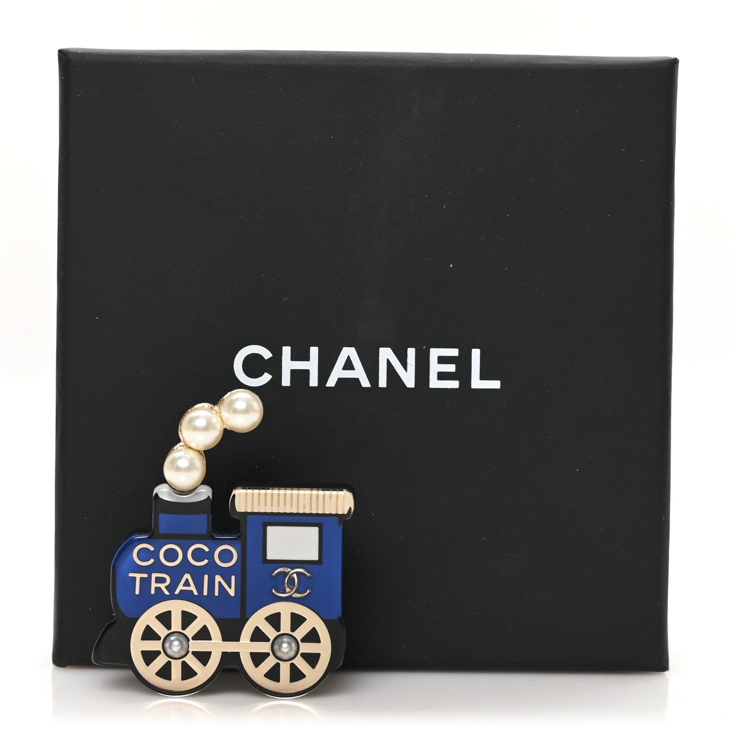 Chanel Resin Pearl Coco Train Brooch Blue White Gold 4 of 4