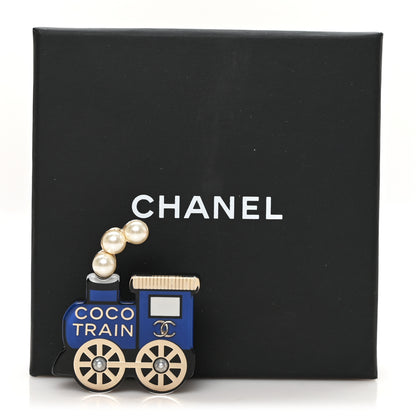 Chanel Resin Pearl Coco Train Brooch Blue White Gold 4 of 4
