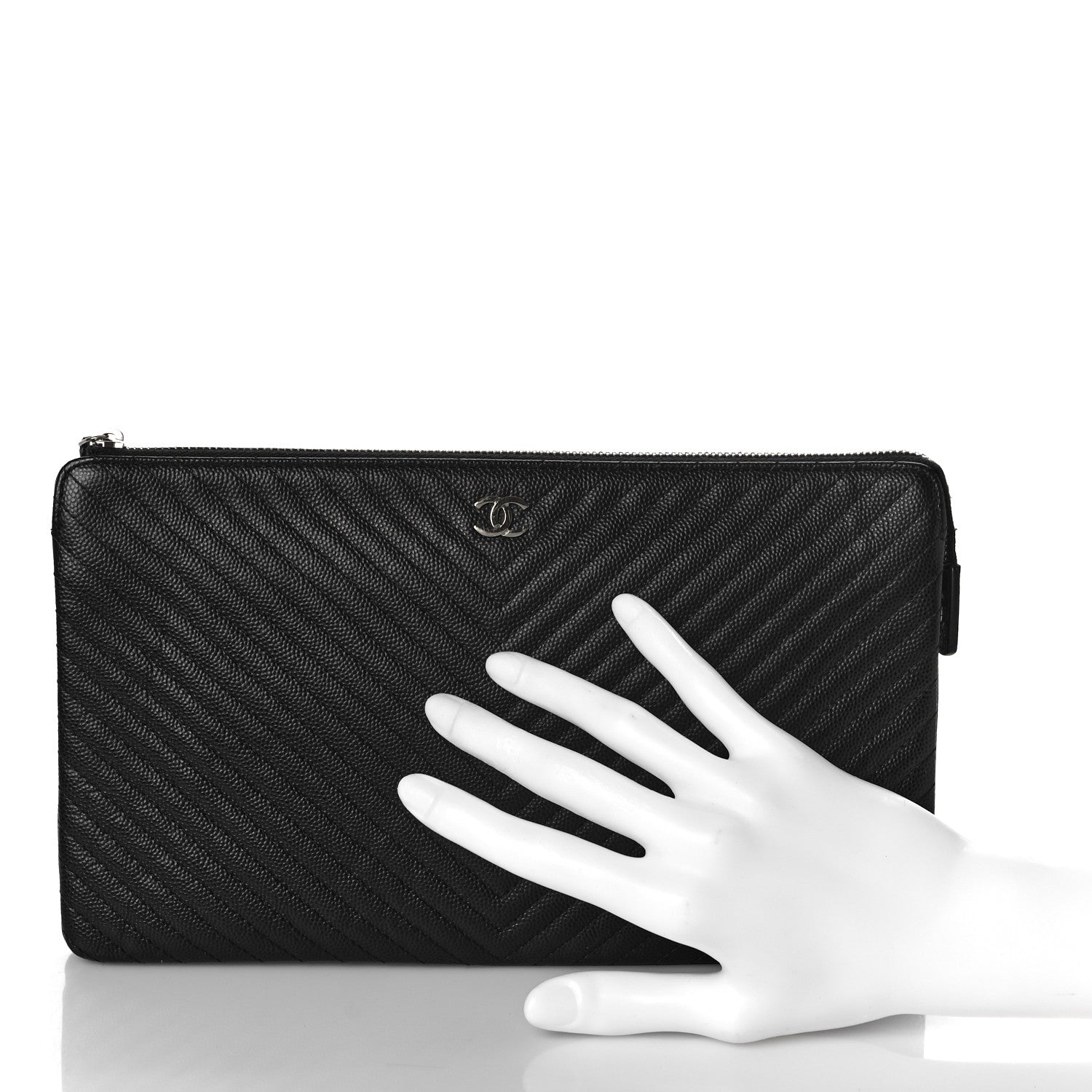 Chanel Caviar Chevron Quilted Small Zipped Pouch Black 2 of 14