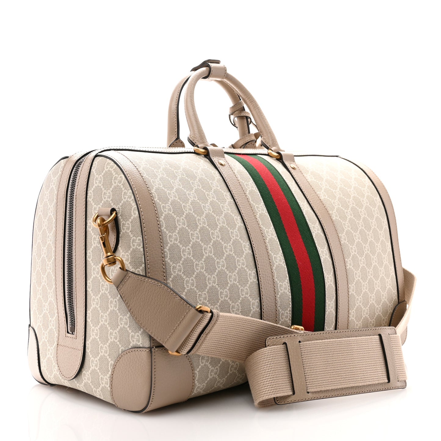 GG Supreme Monogram Textured Dollar Calfskin Web Medium Savoy Duffle Bag Beige Mystic White Oatmeal