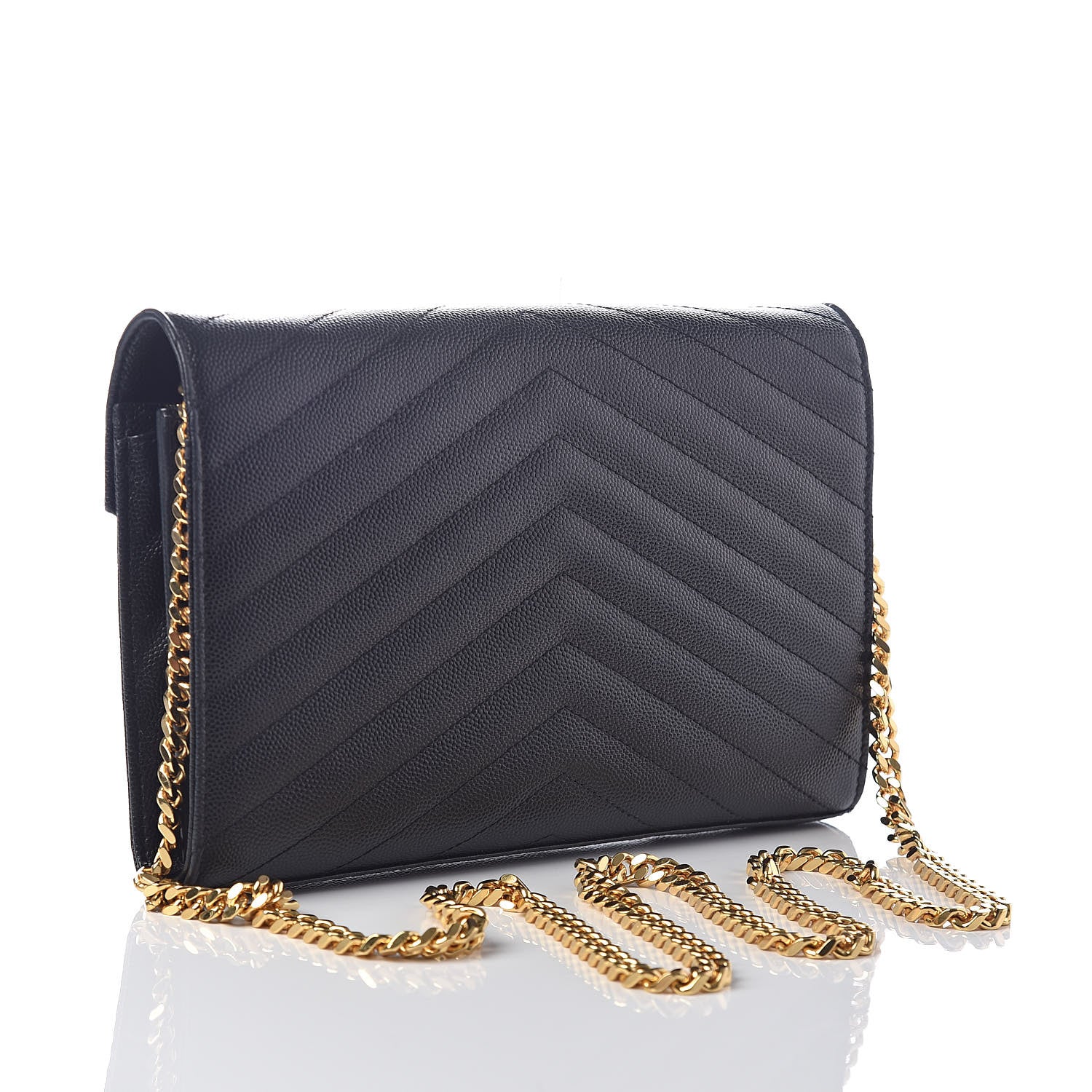 Saint Laurent Grain De Poudre Matelasse Chevron Monogram Chain Wallet Black 3 of 9