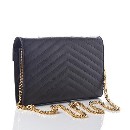 Saint Laurent Grain De Poudre Matelasse Chevron Monogram Chain Wallet Black 3 of 9