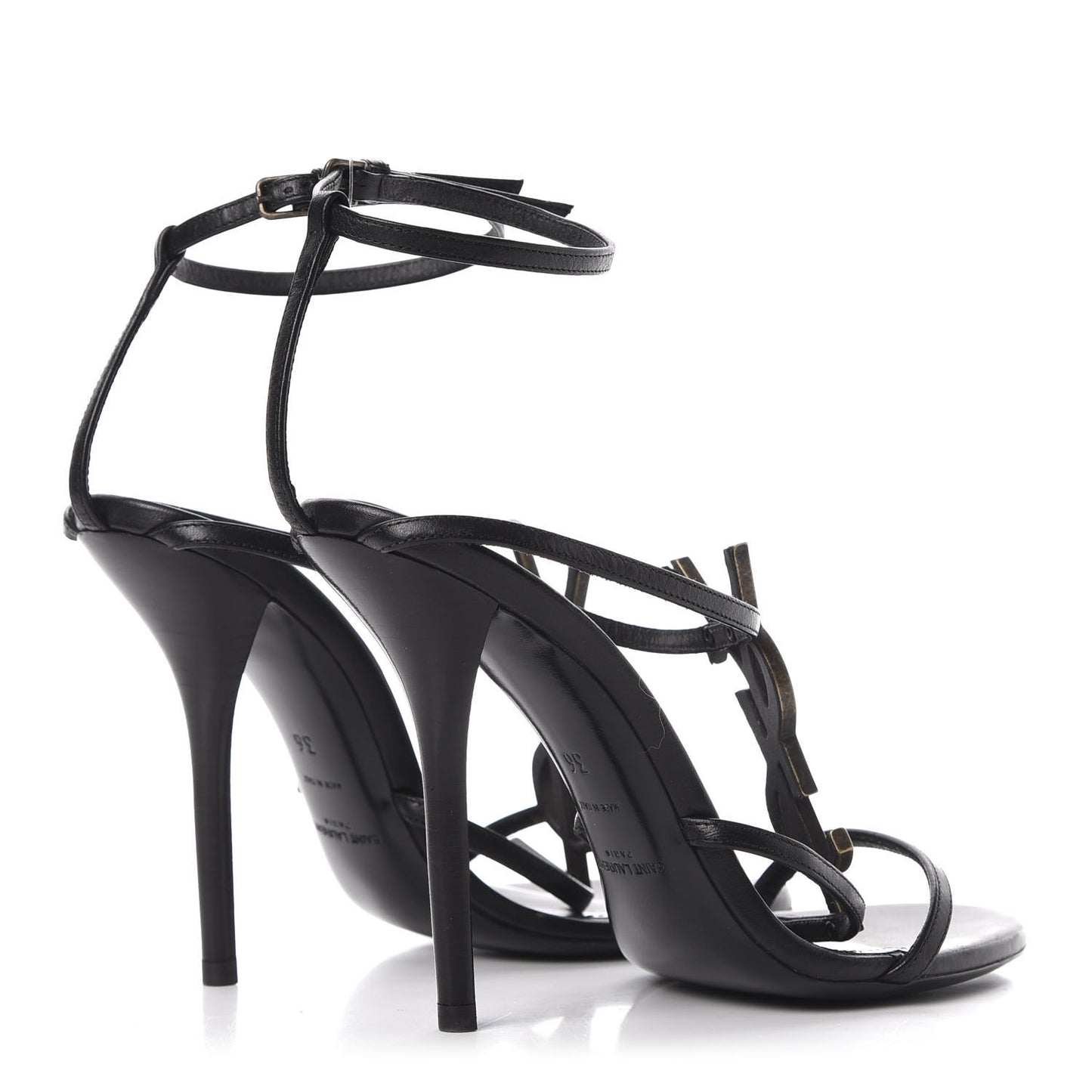 Calfskin Cassandra Palm Logo 110 Ankle Strap Sandals 36 Black