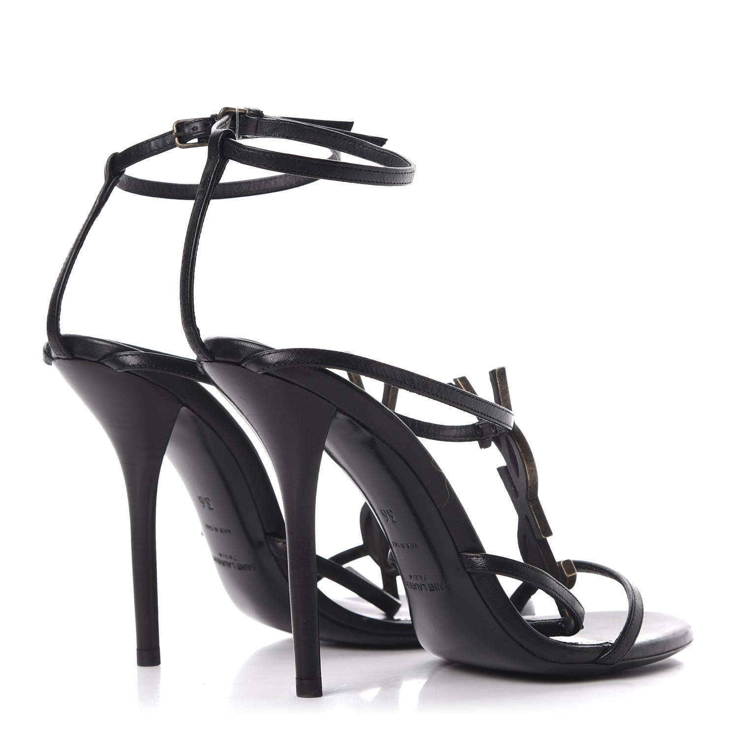 Saint Laurent Calfskin Cassandra Palm Logo 110 Ankle Strap Sandals 36 Black 3 of 7
