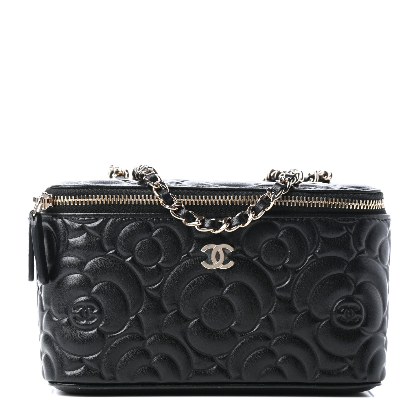 Lambskin Camellia Embossed Small Vanity Case With Chain Black