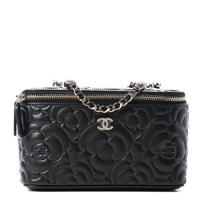 Chanel Lambskin Camellia Embossed Small Vanity Case With Chain Black 1 of 11