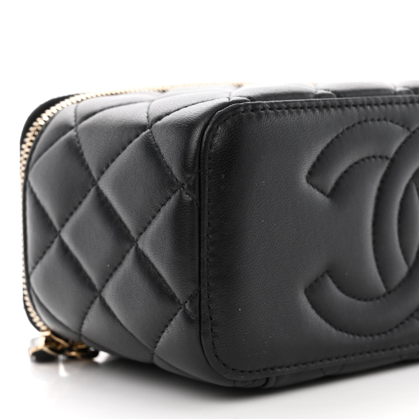 Lambskin Quilted Metal Small Top Handle Vanity Case With Chain Black
