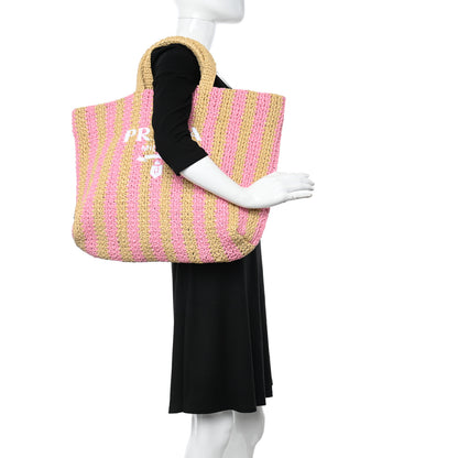 Prada Yarn Raffia Effect Crochet Striped Large Logo Tote Naturale Petalo 2 of 9