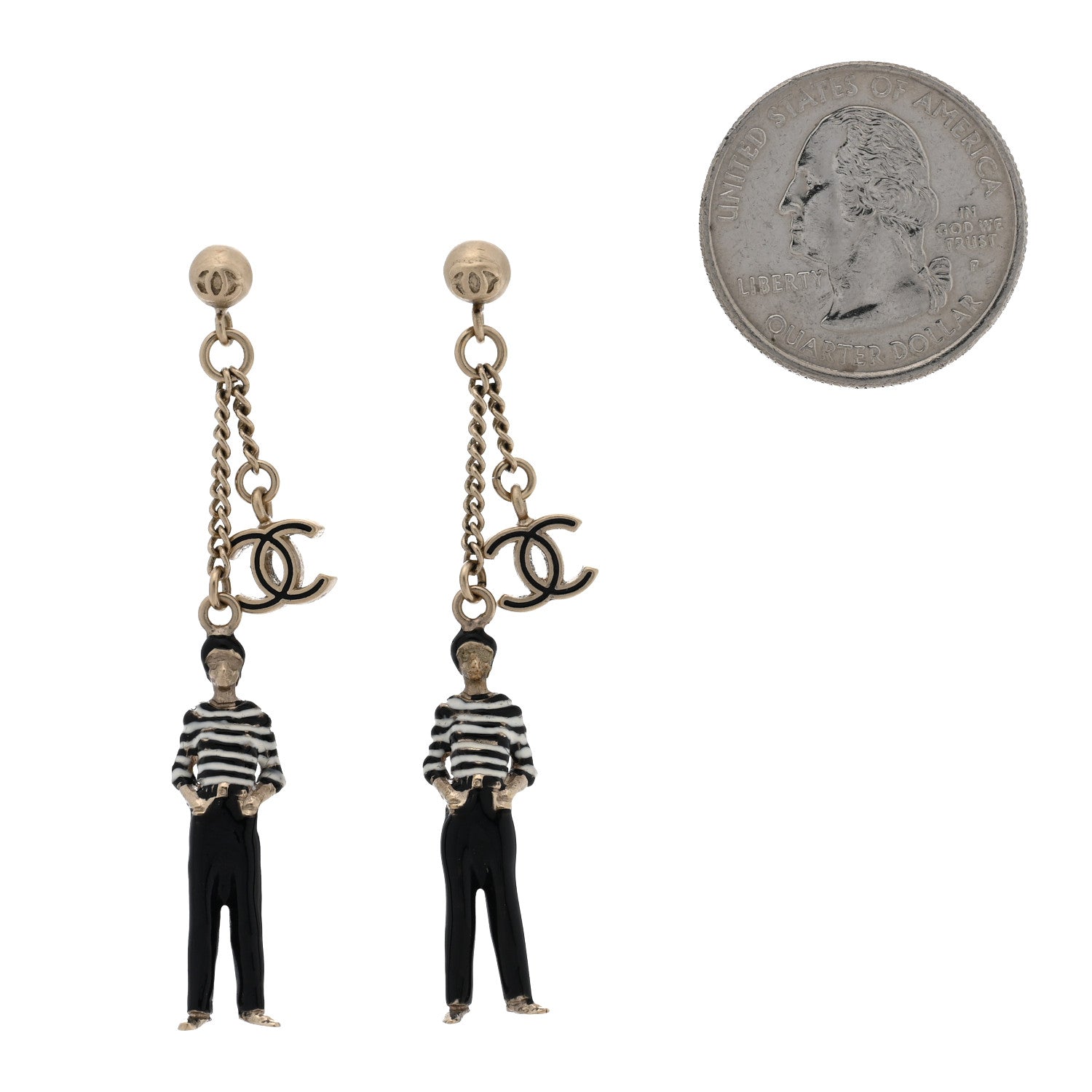 Chanel Crystal Enamel CC Doll Drop Earrings White Black Gold 2 of 4
