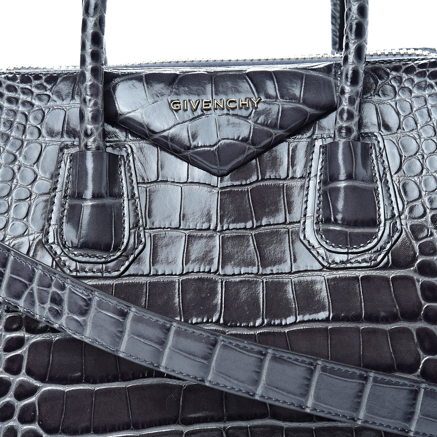 Calfskin Crocodile Embossed Small Antigona Storm Grey