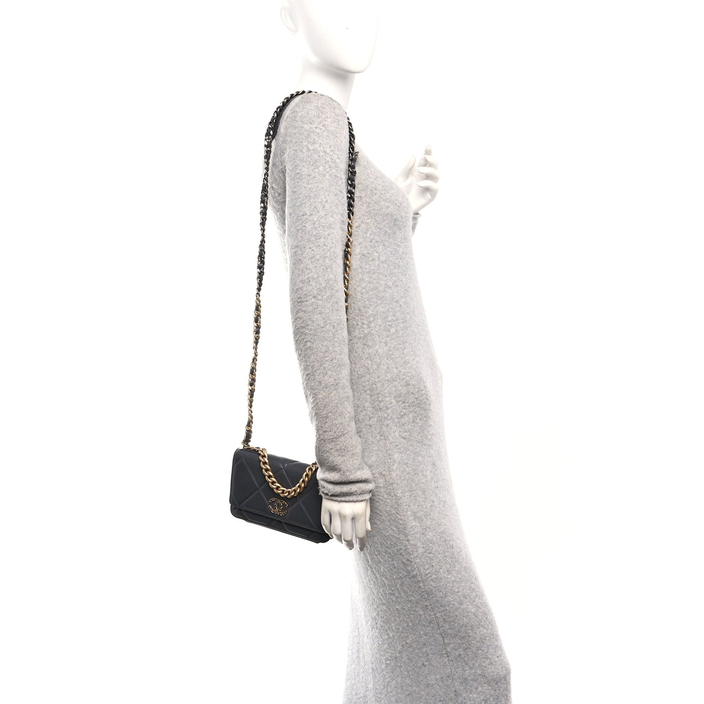 Lambskin Quilted Chanel 19 Wallet On Chain WOC Dark Grey