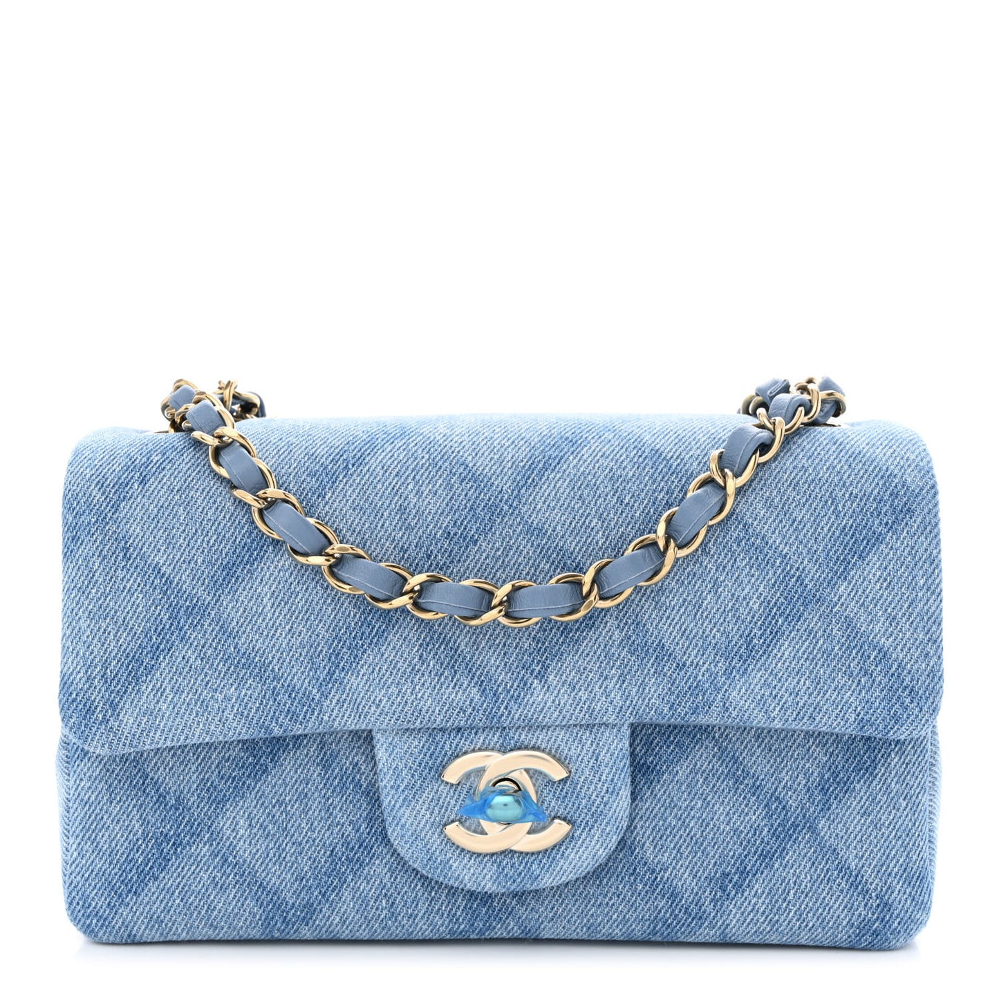 Printed Denim Quilted Mini Rectangular Flap Light Blue