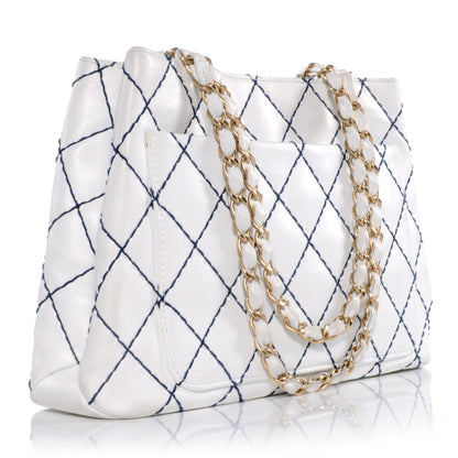 Chanel Leather Contrast Stitch Surpique Shoulder Bag White 3 of 9
