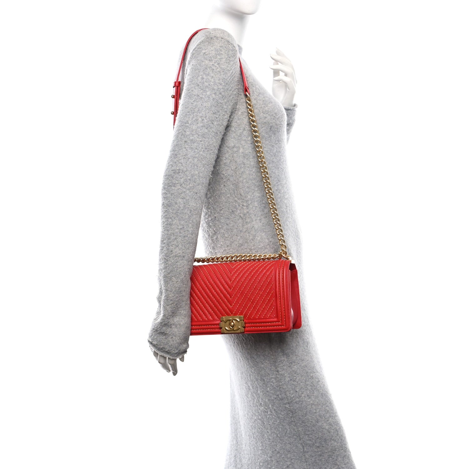 Chanel Lambskin Chevron Chain Stitched Medium Boy Flap Red 2 of 10