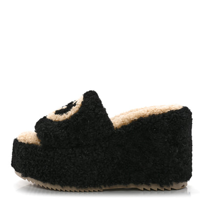 Gucci Shearling Womens Elea Platform Slide Sandals 37.5 Black Butterscotch 1 of 8