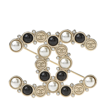 Chanel Crystal Pearl Metal Resin Polka Dot CC Brooch Black Gold 1 of 5