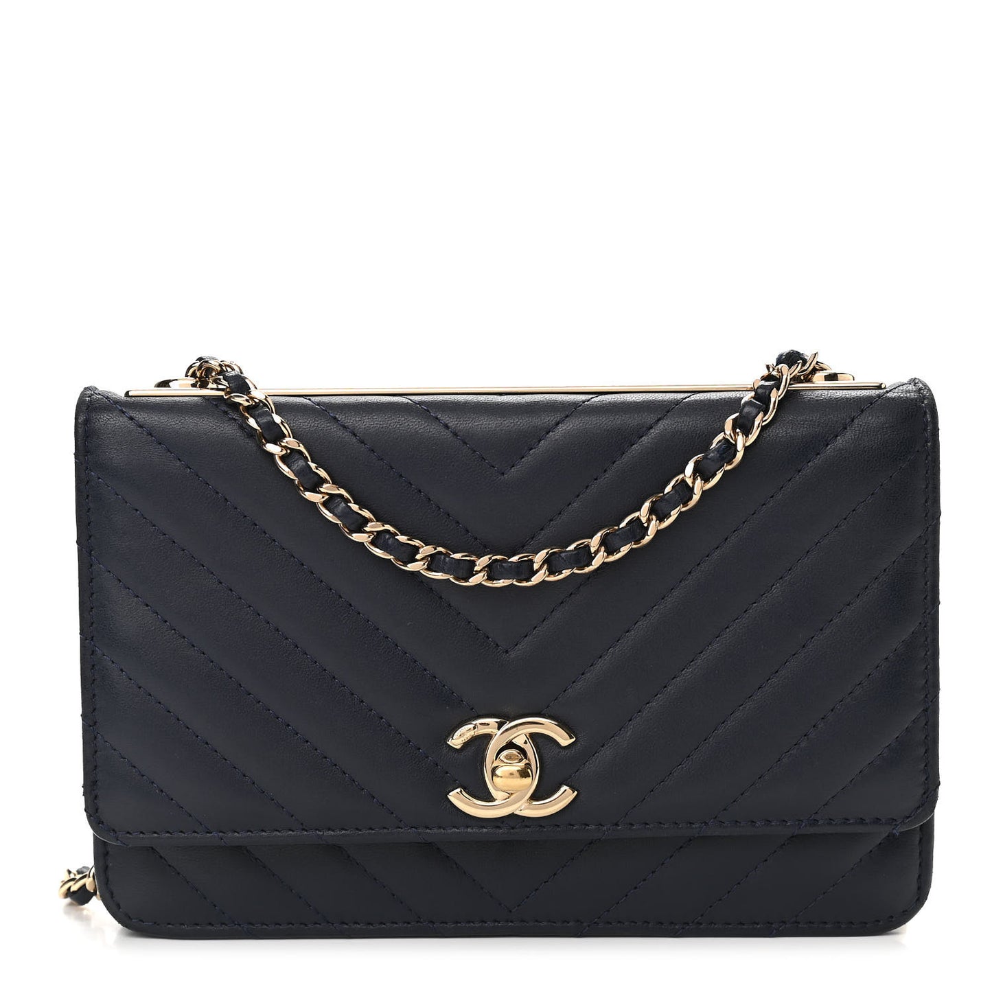 Lambskin Chevron Quilted Trendy CC Wallet On Chain WOC Dark Blue