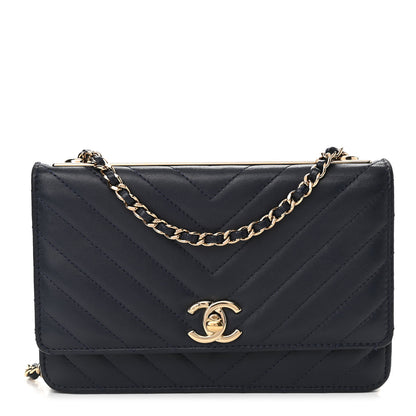 Chanel Lambskin Chevron Quilted Trendy CC Wallet On Chain WOC Dark Blue 1 of 13
