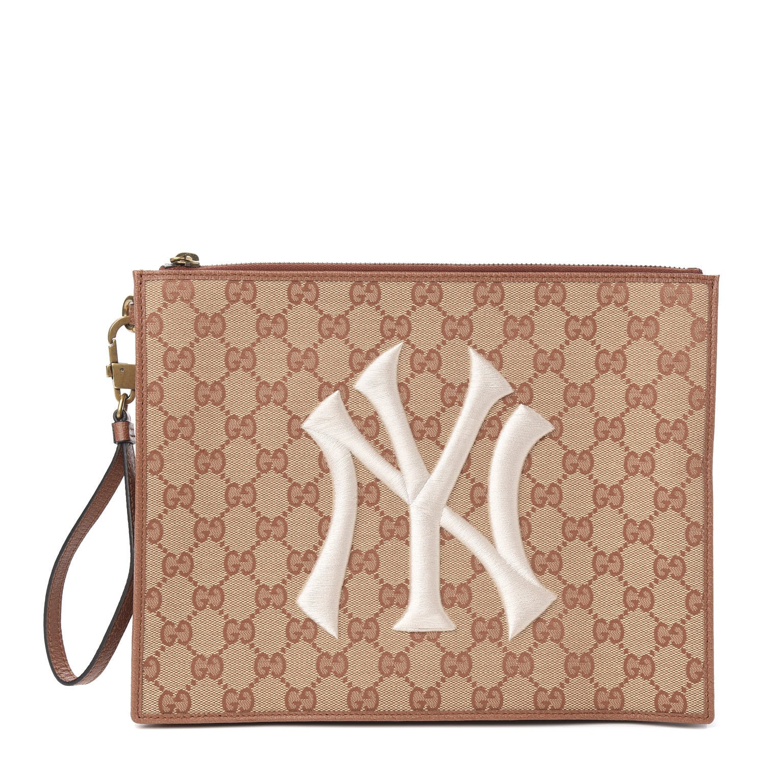 Gucci X MLB GG Monogram NY Yankees Zip Wristlet Pouch Beige Ruggine Ivory 1 of 6