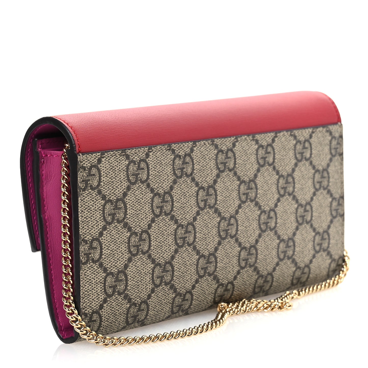 GG Supreme Monogram Moon Calfskin Padlock Continental Chain Wallet Beige Ebony Hibiscus Red New Rosette