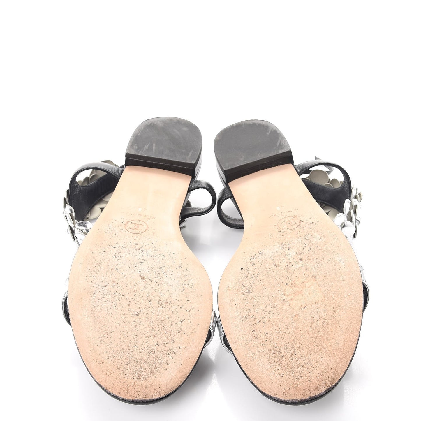 Metallic Lambskin Camellia Ankle Strap Sandals F40 Black Silver
