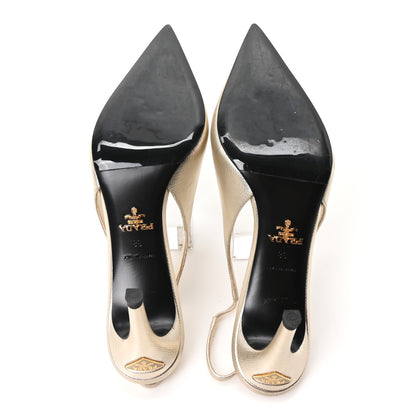 Prada Metallic Calfskin Metal Triangle Logo 85mm Slingback Pumps 35 Platino 6 of 9