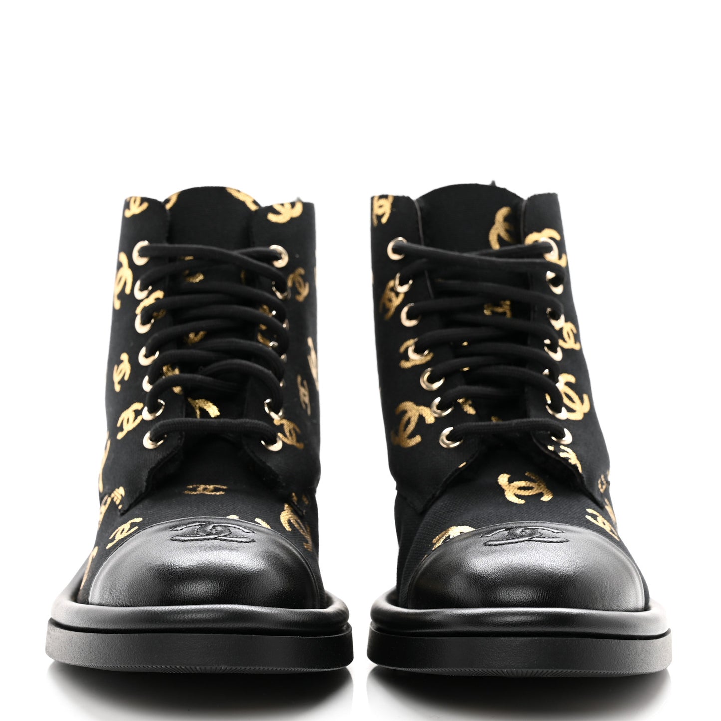 Lambskin Shearling Canvas CC Lace Up Boots 38.5 Black Gold
