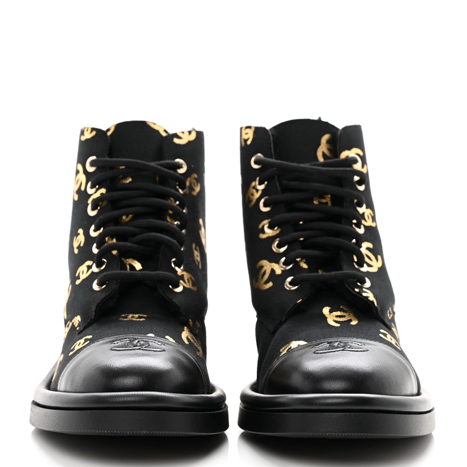 Chanel Lambskin Shearling Canvas CC Lace Up Boots 38.5 Black Gold 2 of 9