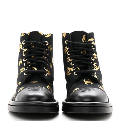 Chanel Lambskin Shearling Canvas CC Lace Up Boots 38.5 Black Gold 2 of 9