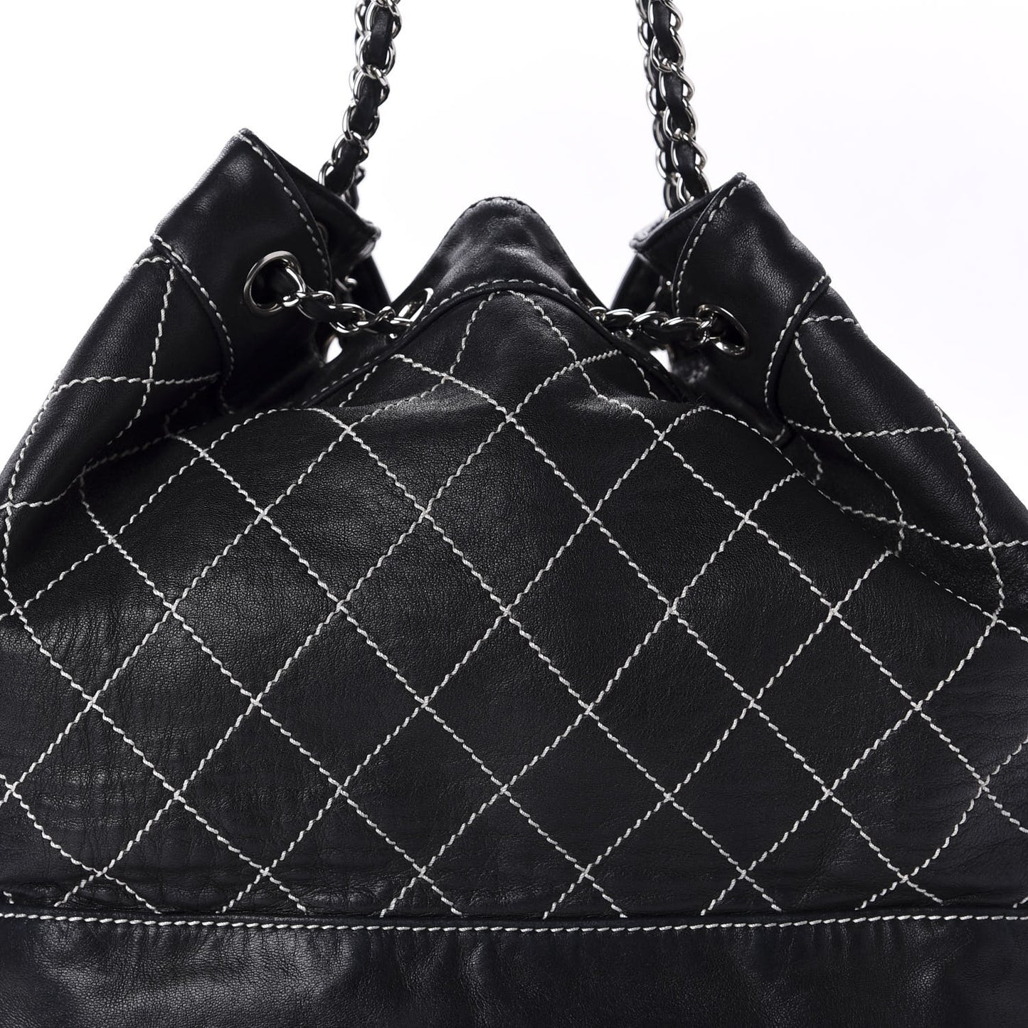 Lambskin Contrast Stitch Large Drawstring Tote Black