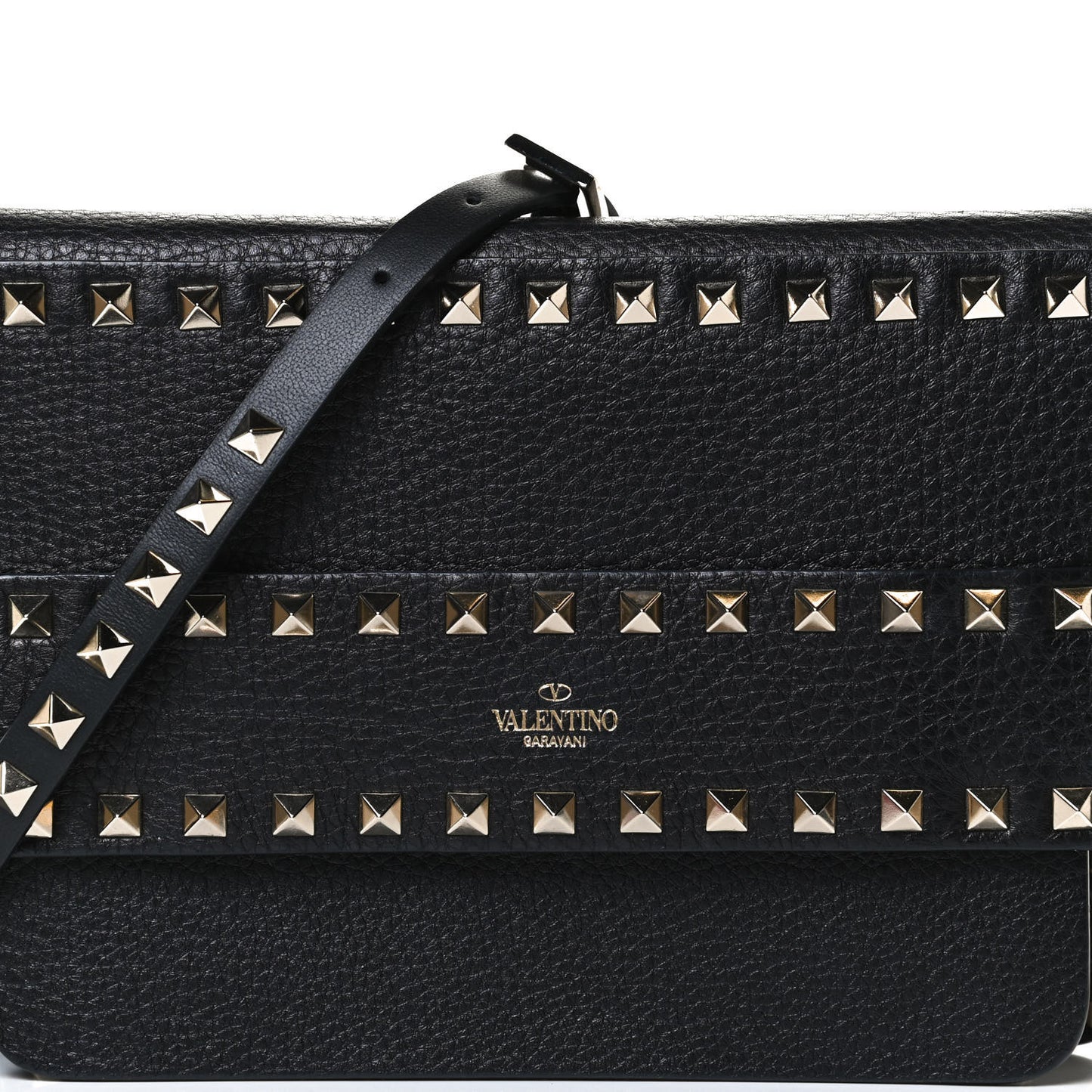 Pebbled Calfskin Rockstud Side Slip Crossbody Black