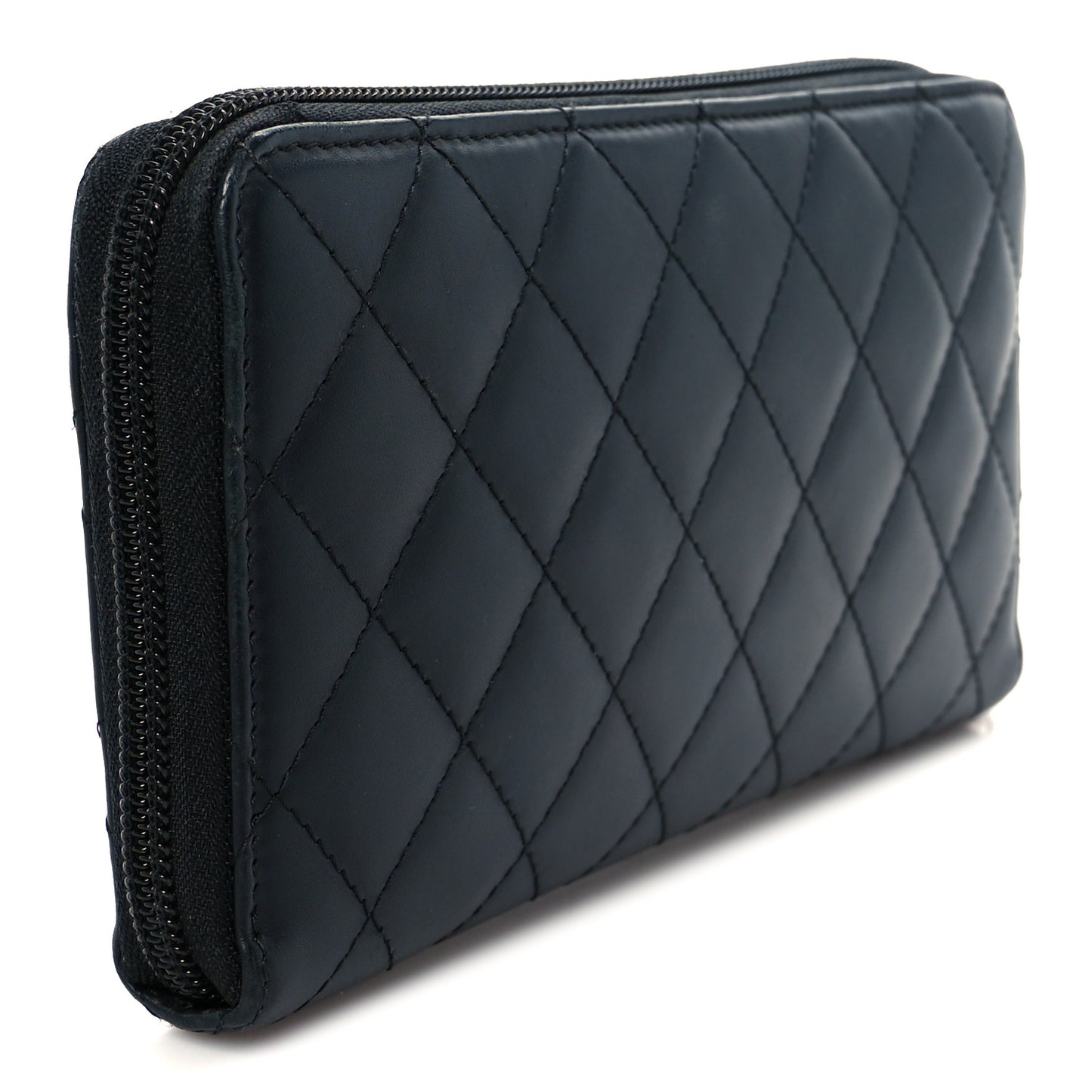 Calfskin Quilted Cambon Large Gusset Zip Around Wallet Black