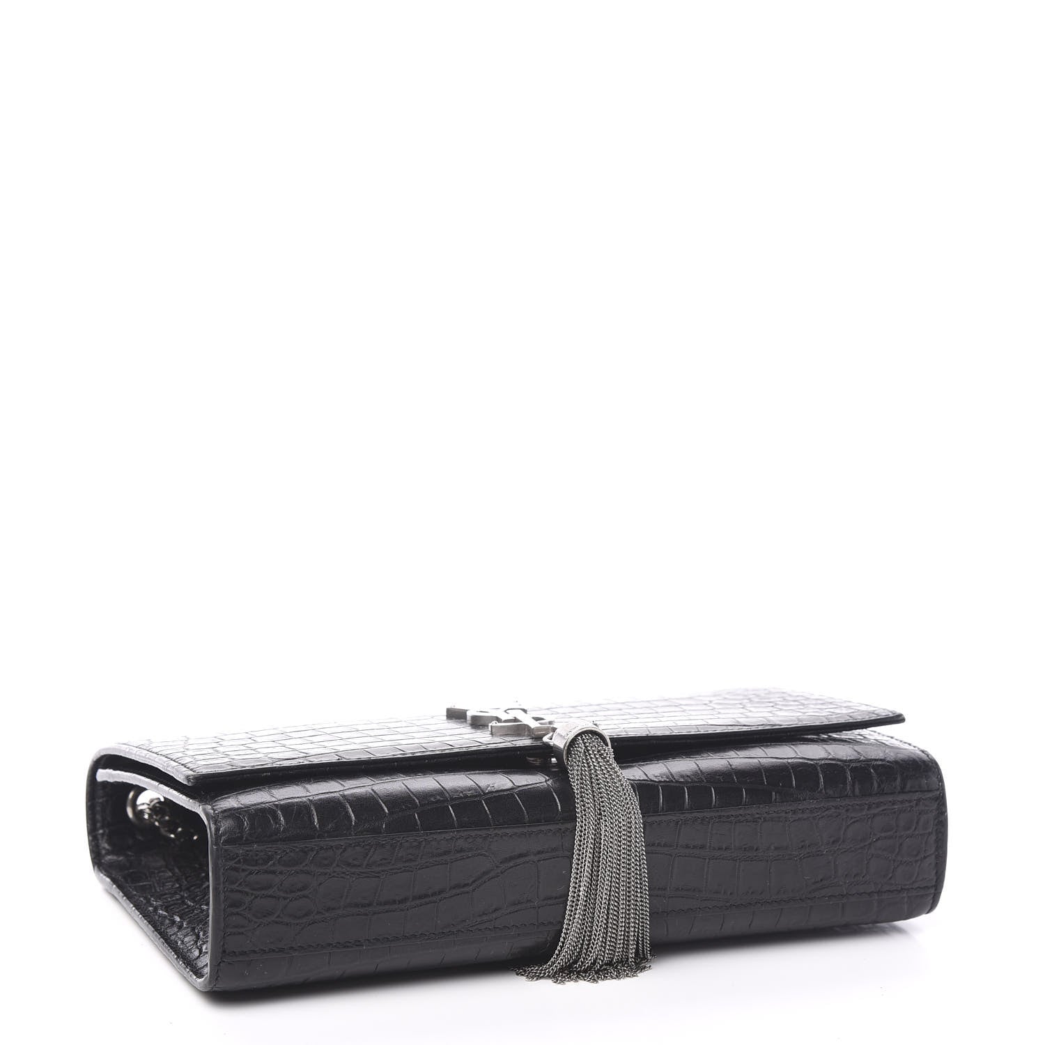 Saint Laurent Calfskin Crocodile Embossed Medium Classic Monogram Kate Tassel Satchel Black 3 of 10