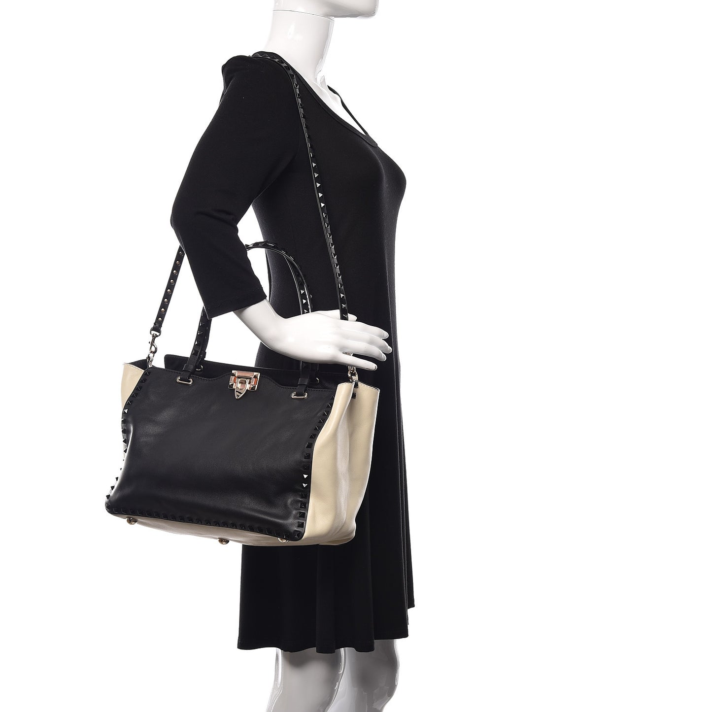 Vitello Monochrome Medium Rockstud Tote Black Light Ivory
