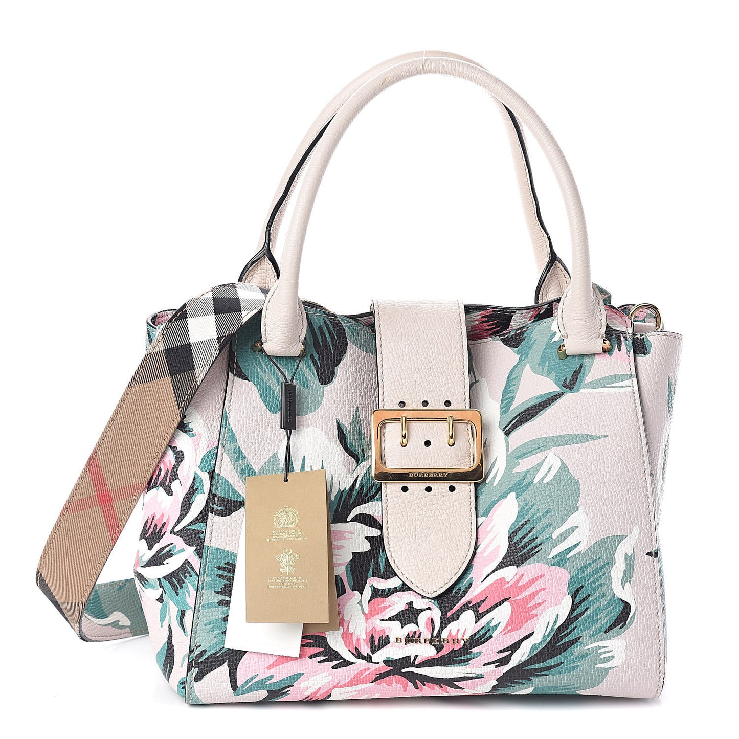 Soft Grain Calfskin Floral Print Medium Buckle Tote Natural Emerald Green