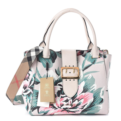 Burberry Soft Grain Calfskin Floral Print Medium Buckle Tote Natural Emerald Green 1 of 8
