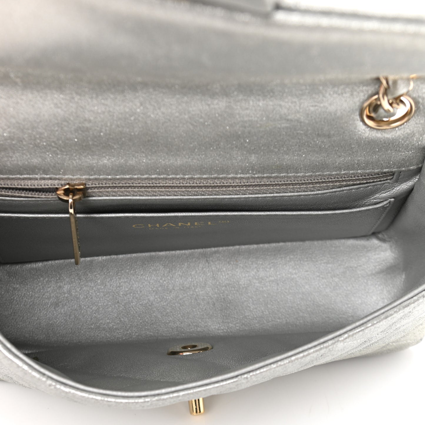 Iridescent Calfskin Quilted Mini Rectangular Flap Silver