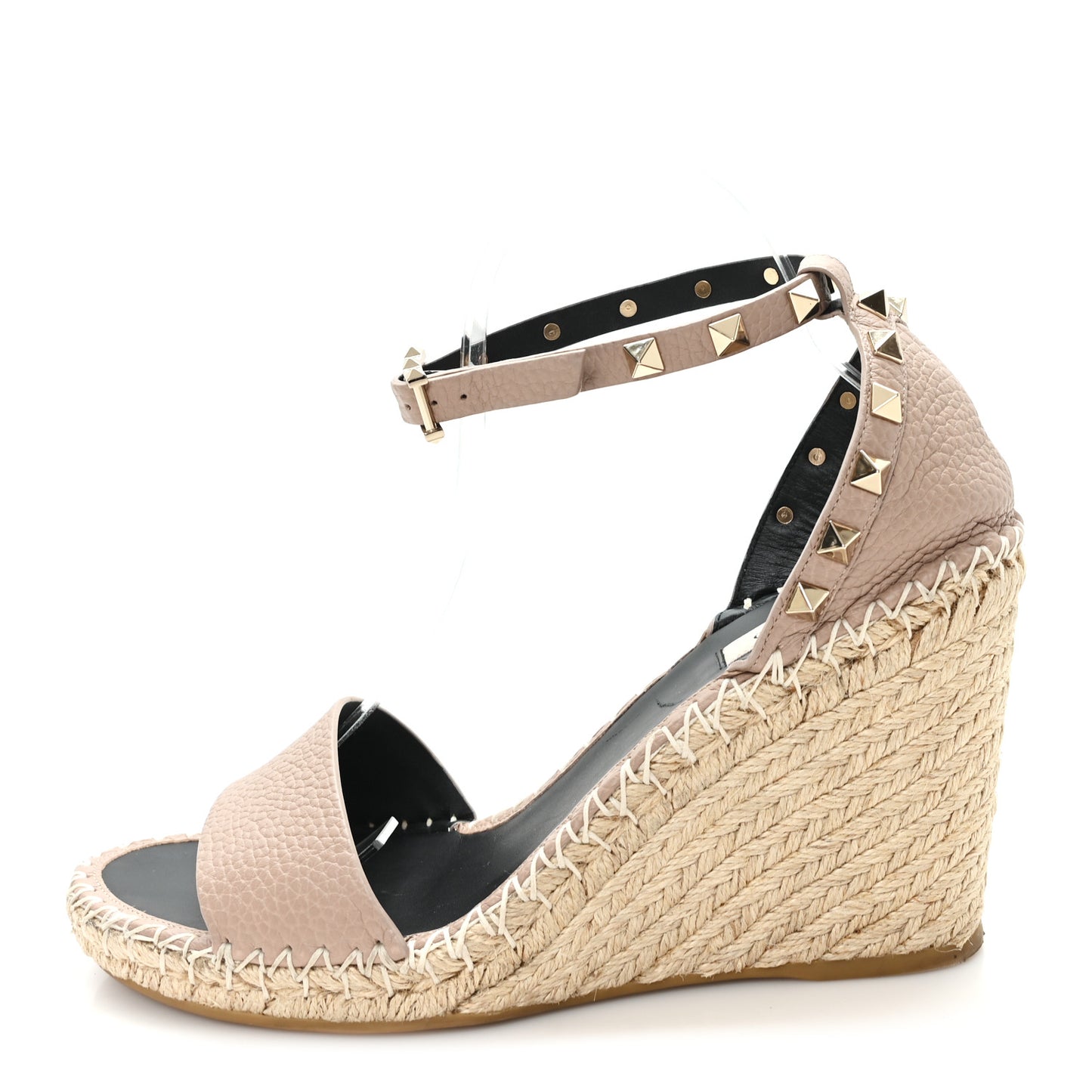 Grained Calfskin Rockstud Ankle Strap Espadrille 15/105mm Wedge Sandals 40 Poudre Natural