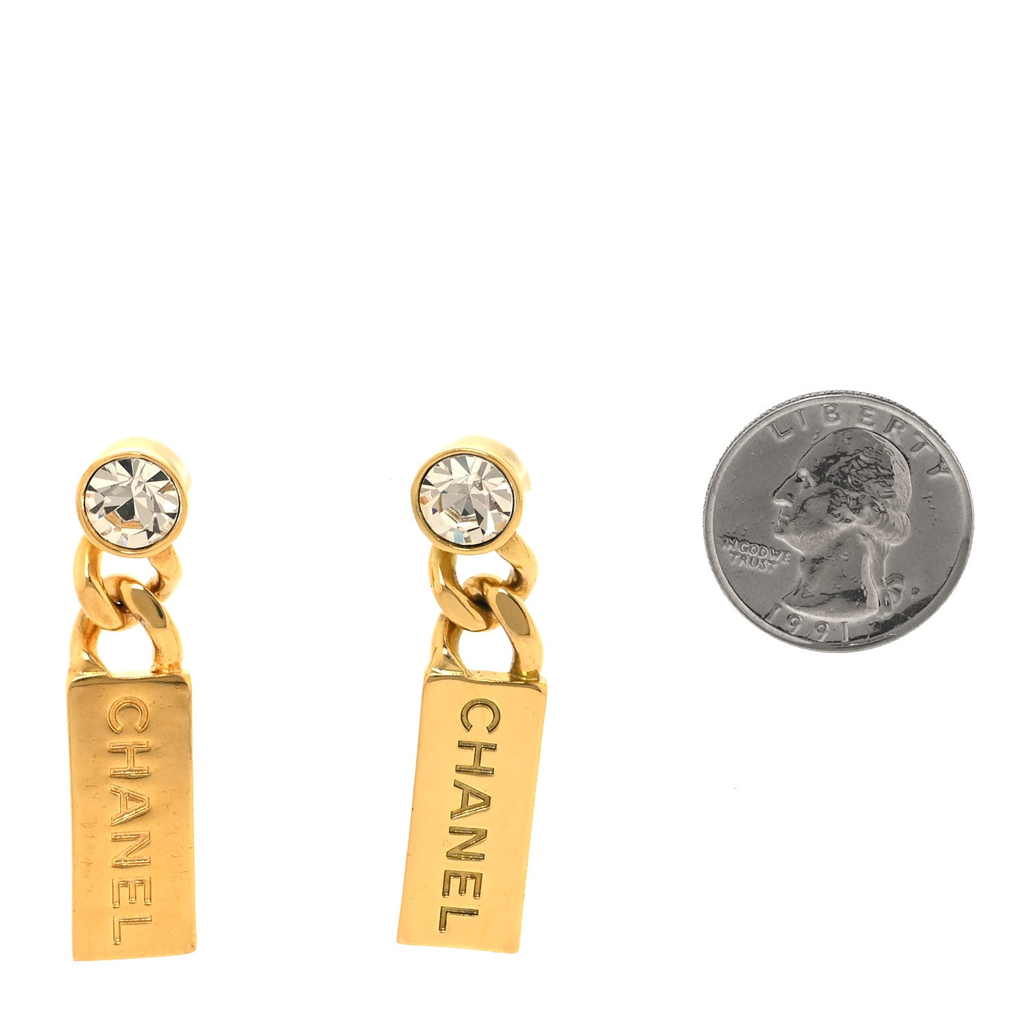 Chanel Crystal Tag Drop Earrings Gold Gold 2 of 5